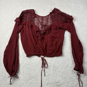 Free People Top Women's Size Small Maroon Lace Open Back‎ Long Sleeve Tie NWT